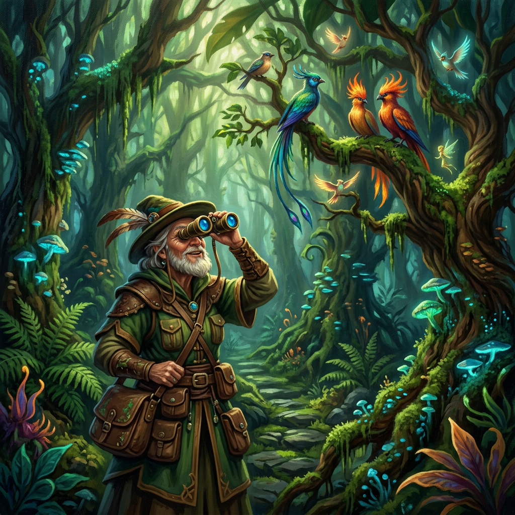 Explorer using binoculars while colorful magical birds perch in a forest