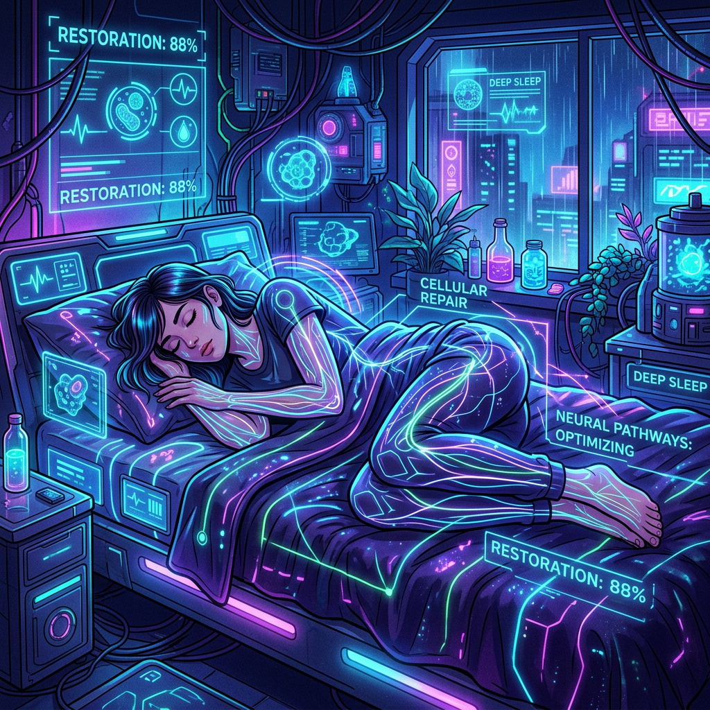 Woman sleeping in futuristic chamber labeled deep sleep and restoration 88 percent