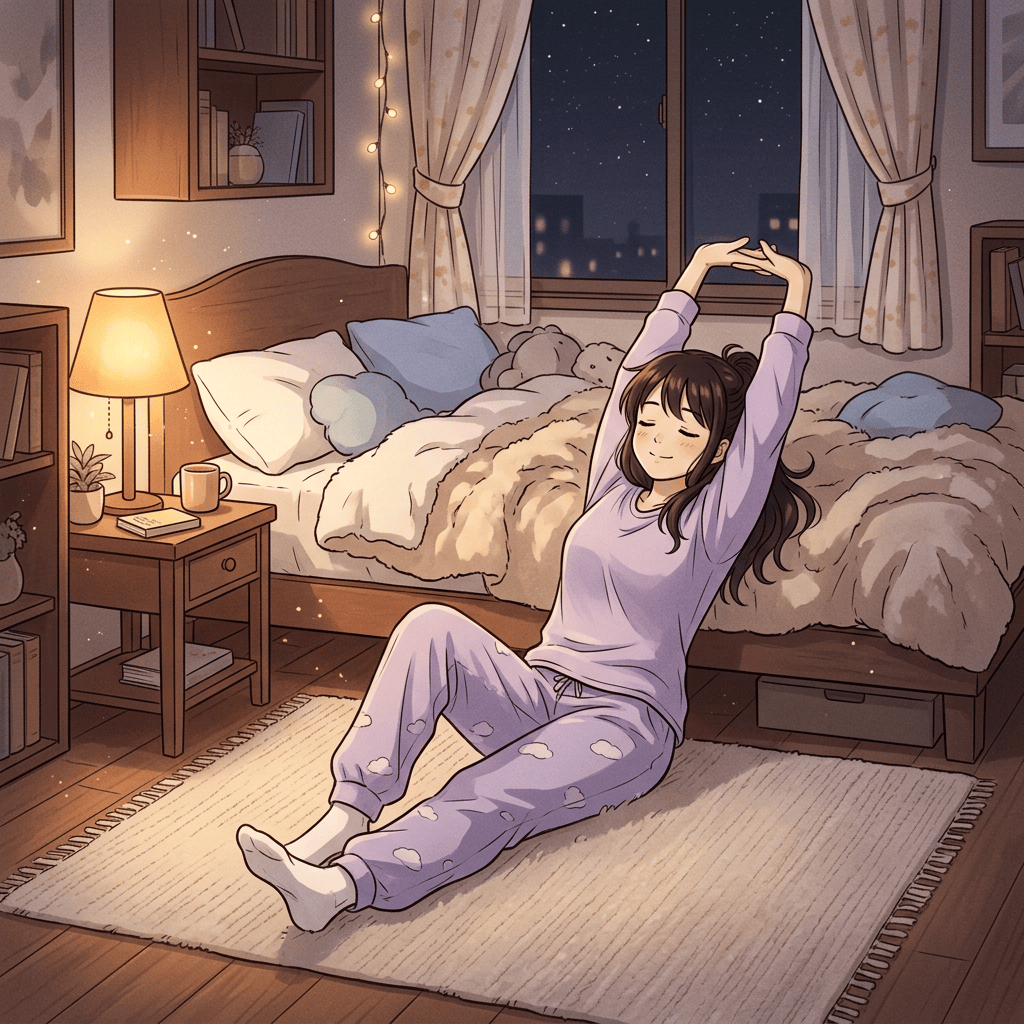 Woman in lavender pajamas stretching on a bedroom rug at night