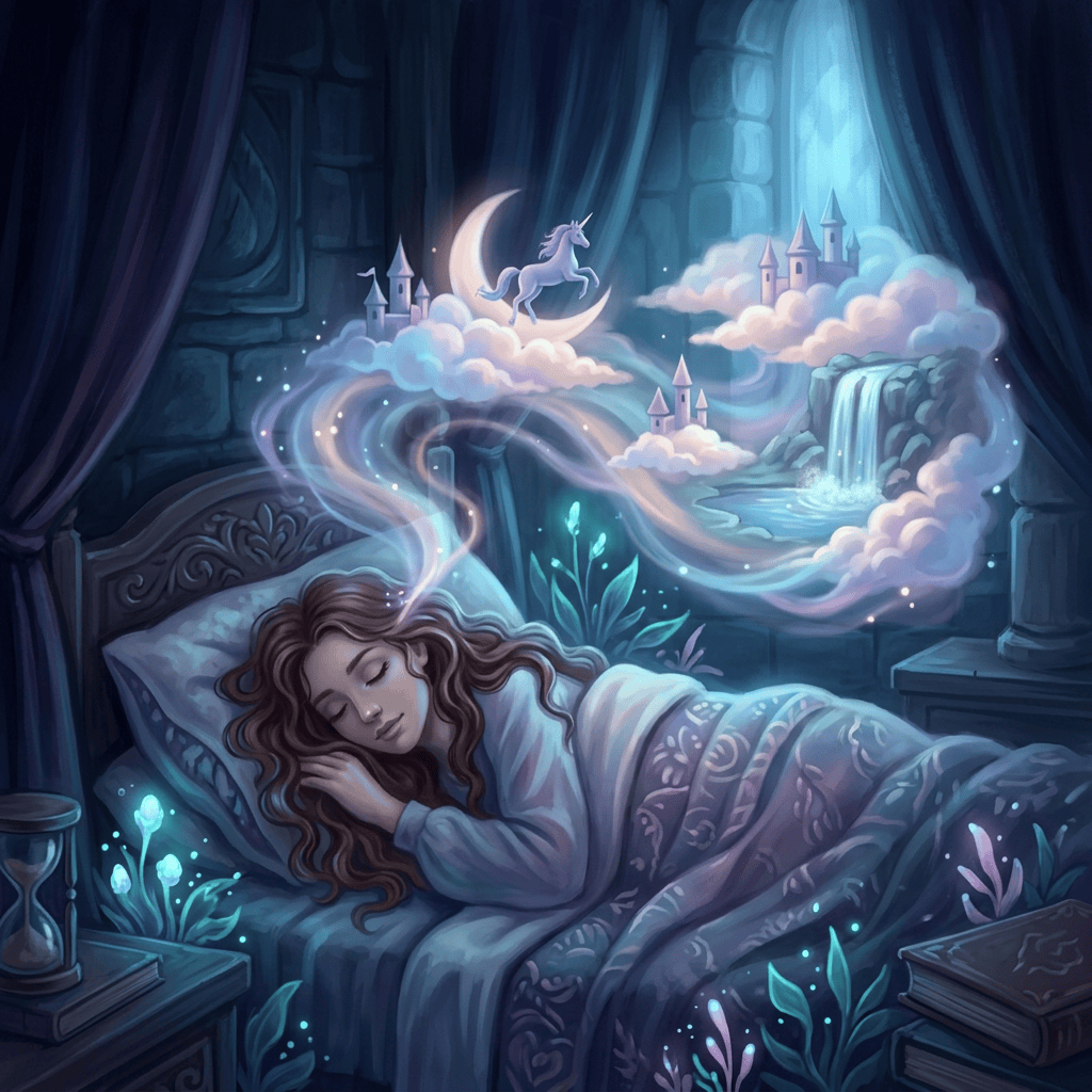 Sleeping girl dreaming of a unicorn, castles, clouds, and waterfall