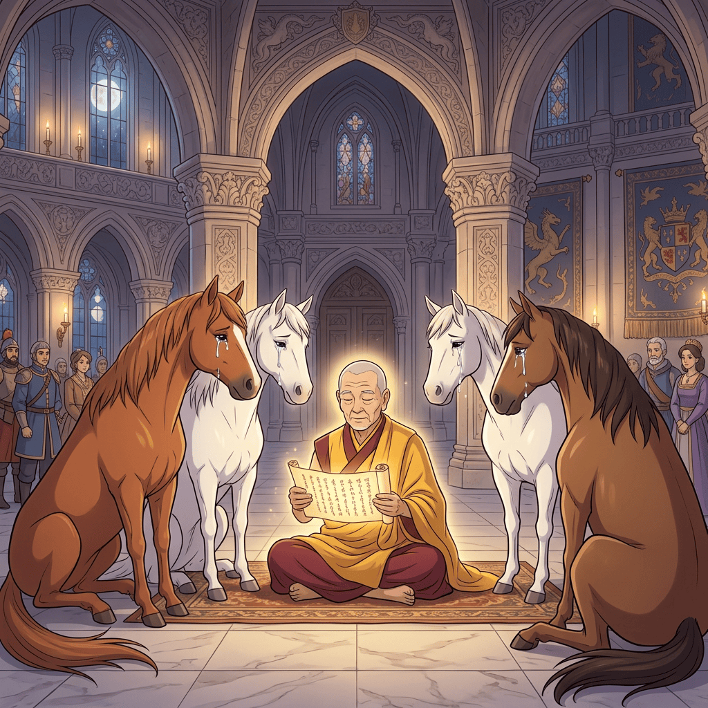 Monk reading a glowing scroll among four tearful horses in cathedral hall