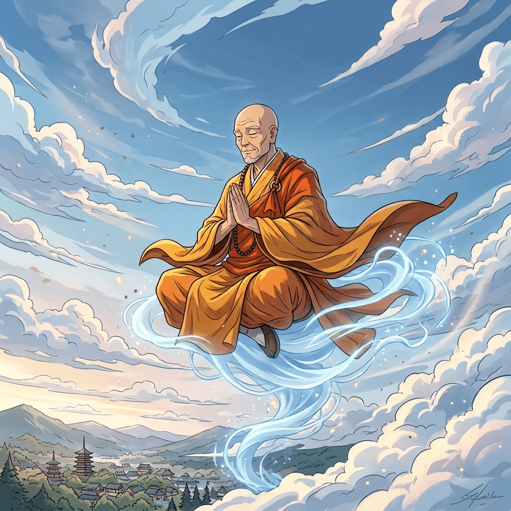 Meditating monk floating above a mountain village with swirling spirit energy