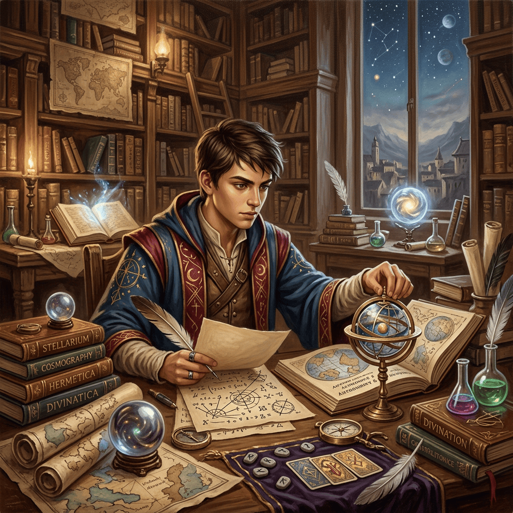 Young scholar studying maps and arcane instruments in a candlelit library