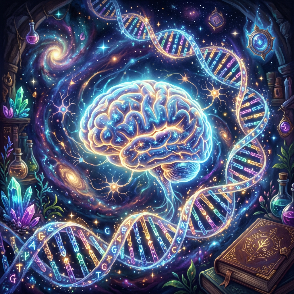 Glowing brain surrounded by a colorful DNA helix, stars, crystals, and laboratory bottles
