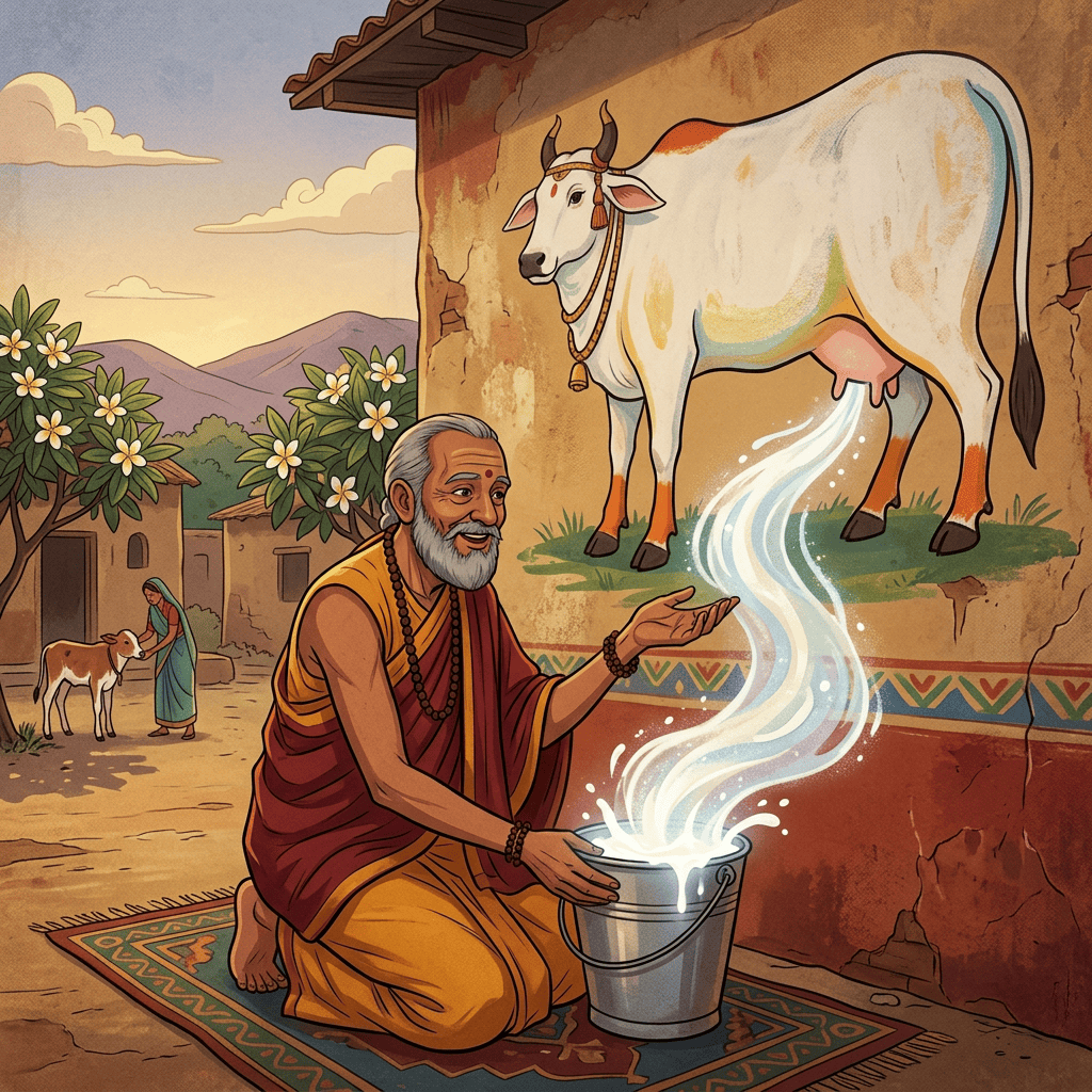 Indian monk milking a painted cow