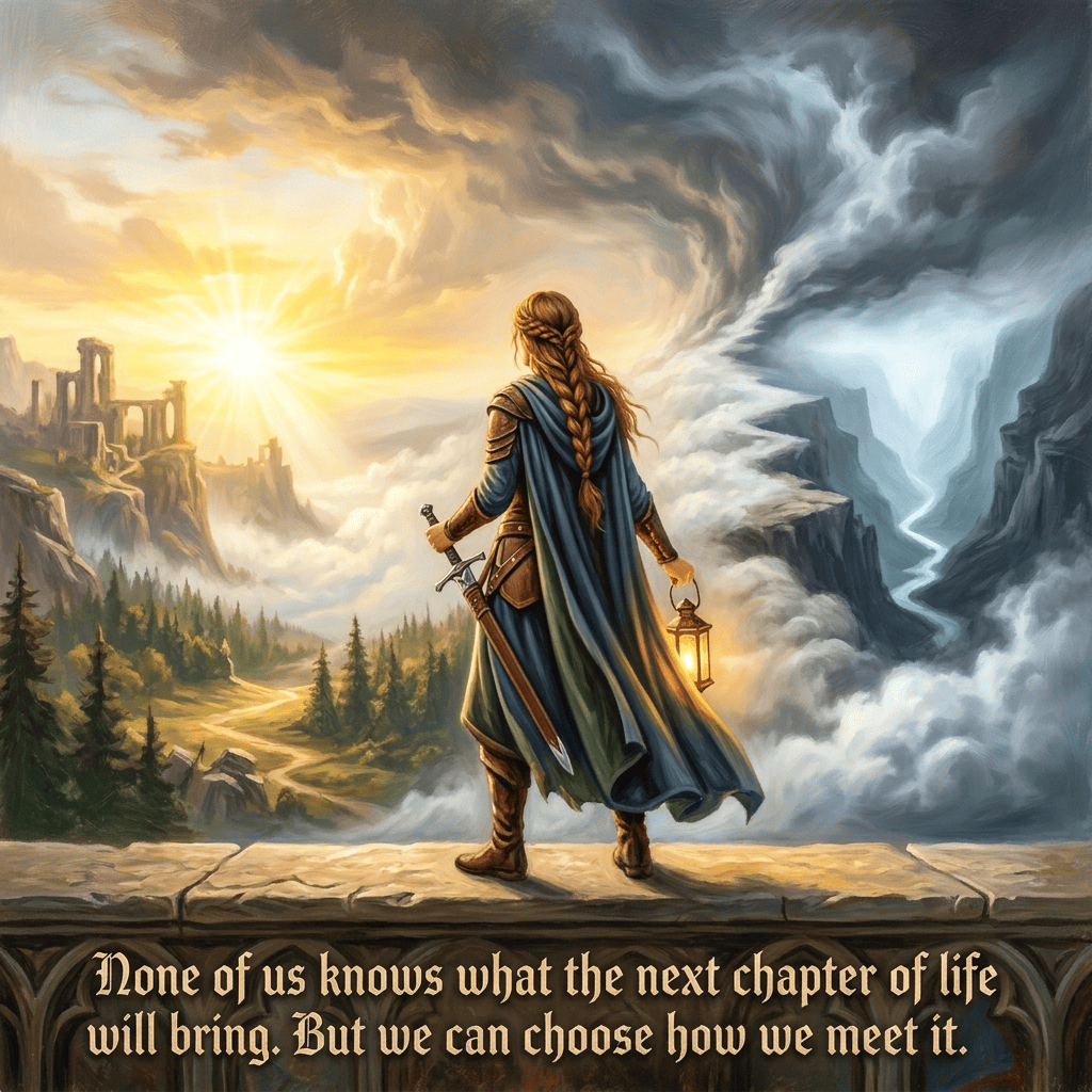 Braided warrior with sword and lantern overlooking ruins beneath storm clouds; text: "None of us knows what the next chapter of life will bring. But we can choose how we meet it."