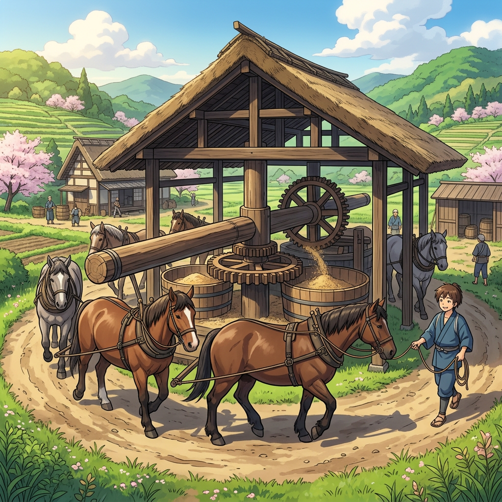 Horses powering a wooden grain mill in a spring mountain village