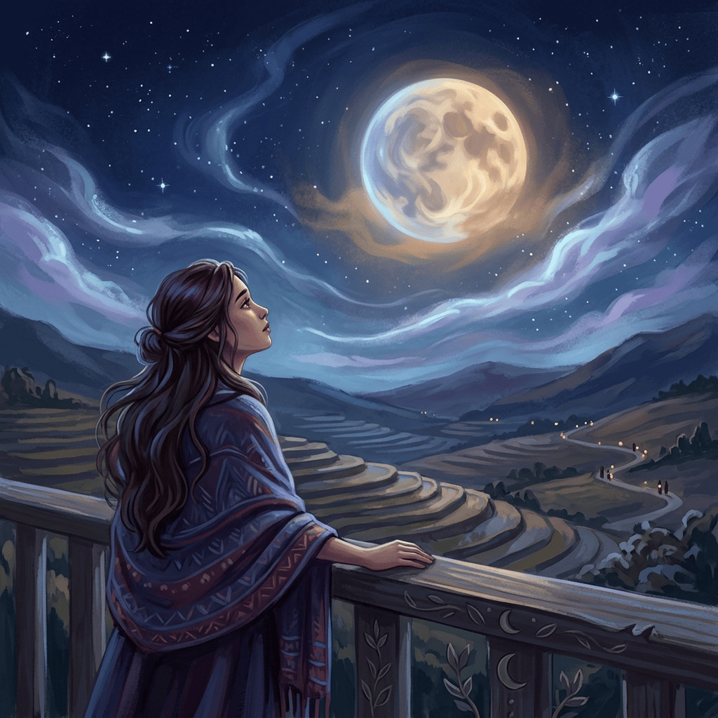Woman gazing at a glowing full moon over terraced hills