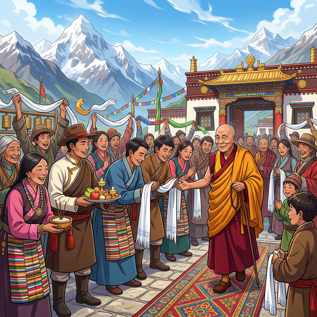 Tibetan people welcoming an Indian guru