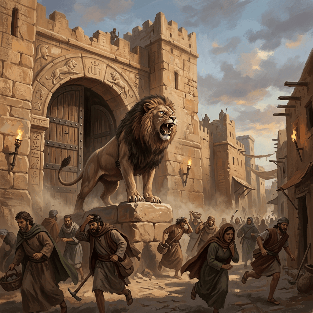 Roaring lion statue overlooking people fleeing an ancient fortified city