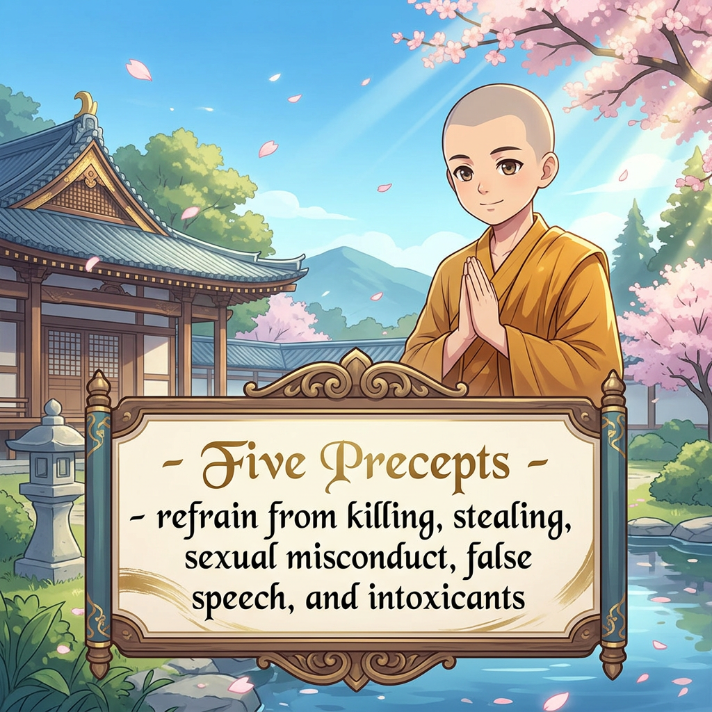 Illustrated monk beside sign reading “Five Precepts – refrain from killing, stealing, sexual misconduct, false speech, and intoxicants.”