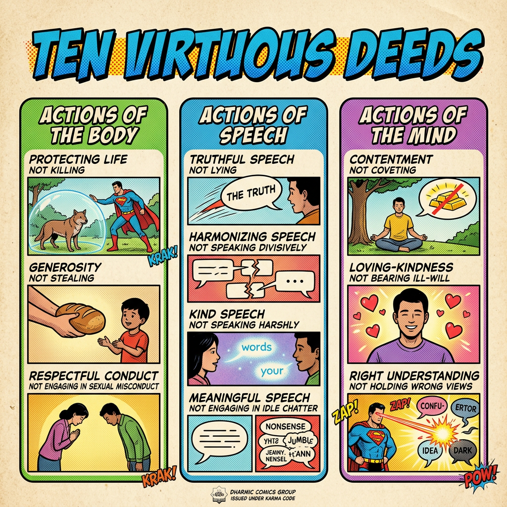 Ten Virtuous Deeds: Actions of the Body—protecting life, generosity, respectful conduct; Actions of Speech—truthful, harmonizing, kind, meaningful speech; Actions of the Mind—contentment, loving-kindness, right understanding.
